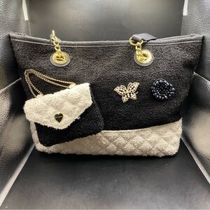 Betsey Johnson Black and White Tweed Tote Bag Purse